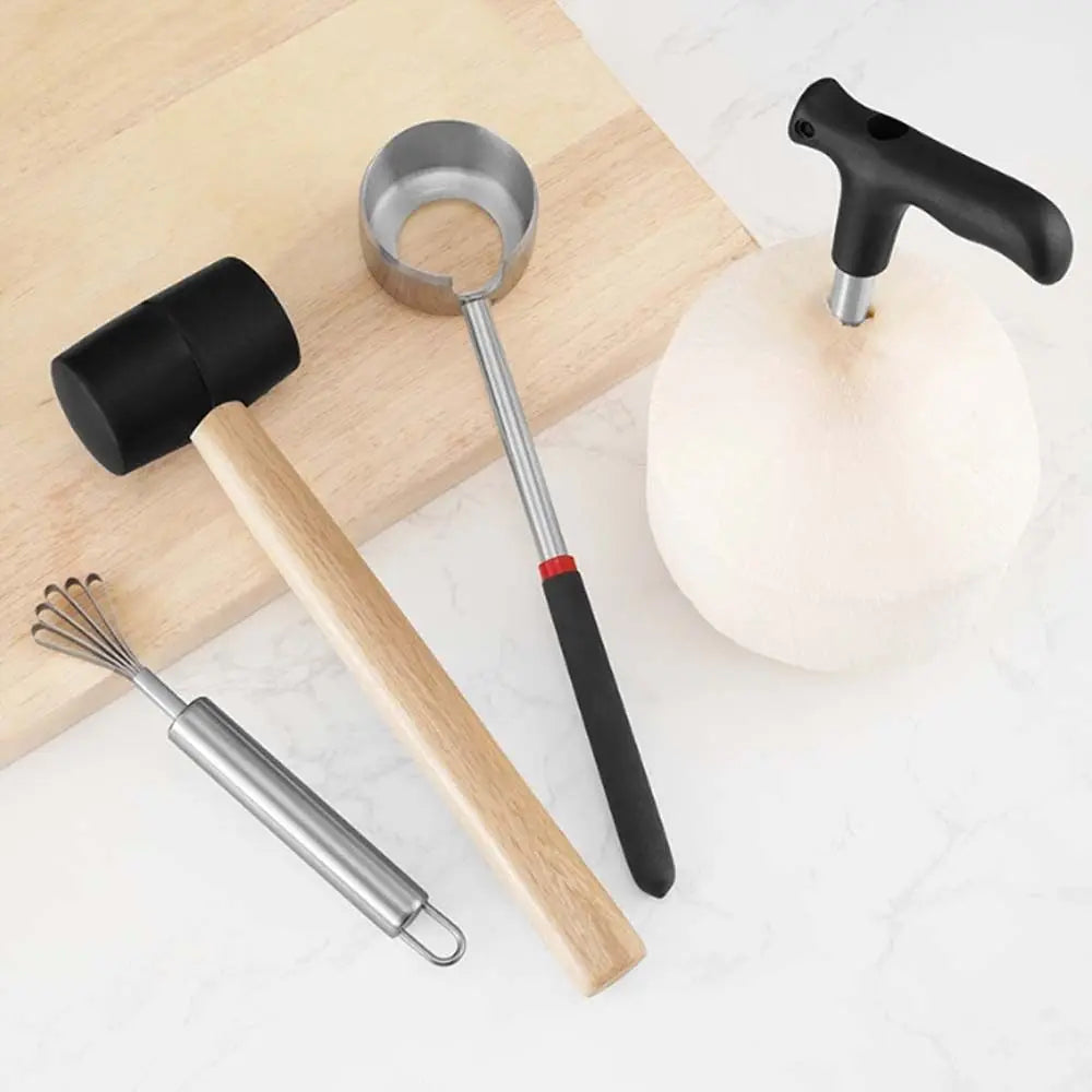 Unlock the Freshness of Coconuts with Our Heavy-Duty Stainless Steel Coconut Opener Tool Set - Complete with Rubber Hammer and Ergonomic Wooden Handle!