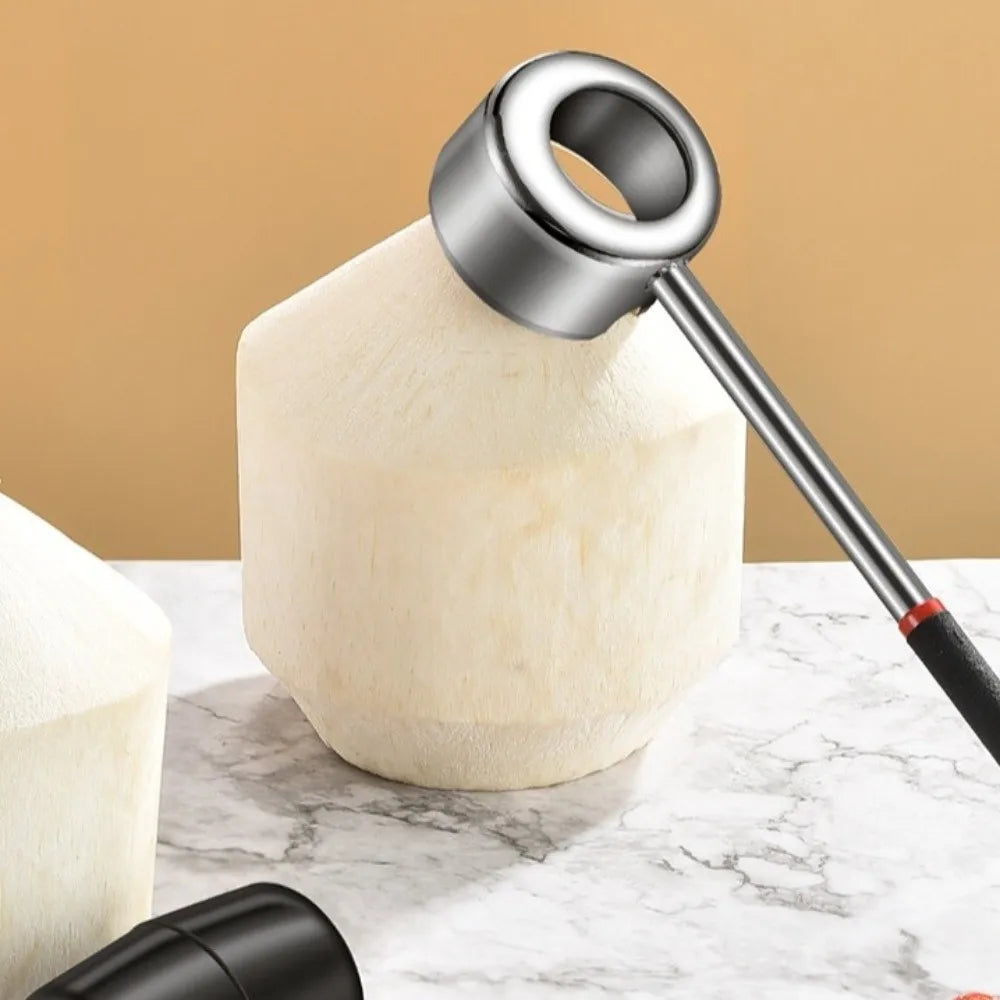Unlock the Freshness of Coconuts with Our Heavy-Duty Stainless Steel Coconut Opener Tool Set - Complete with Rubber Hammer and Ergonomic Wooden Handle!